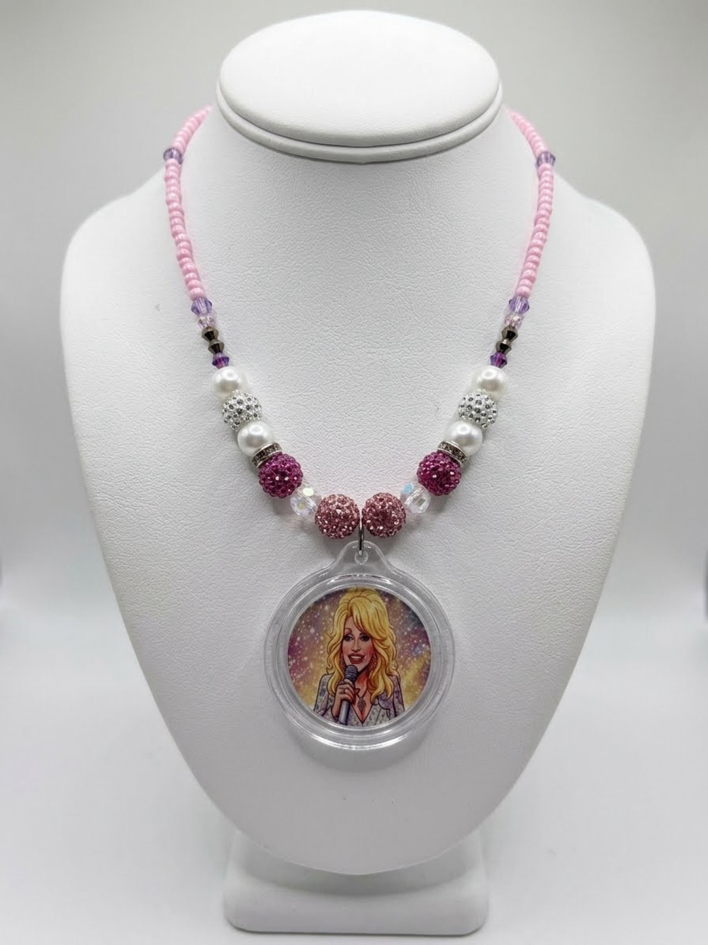 Dolly Parton Pink Necklace with Illustrated Charm